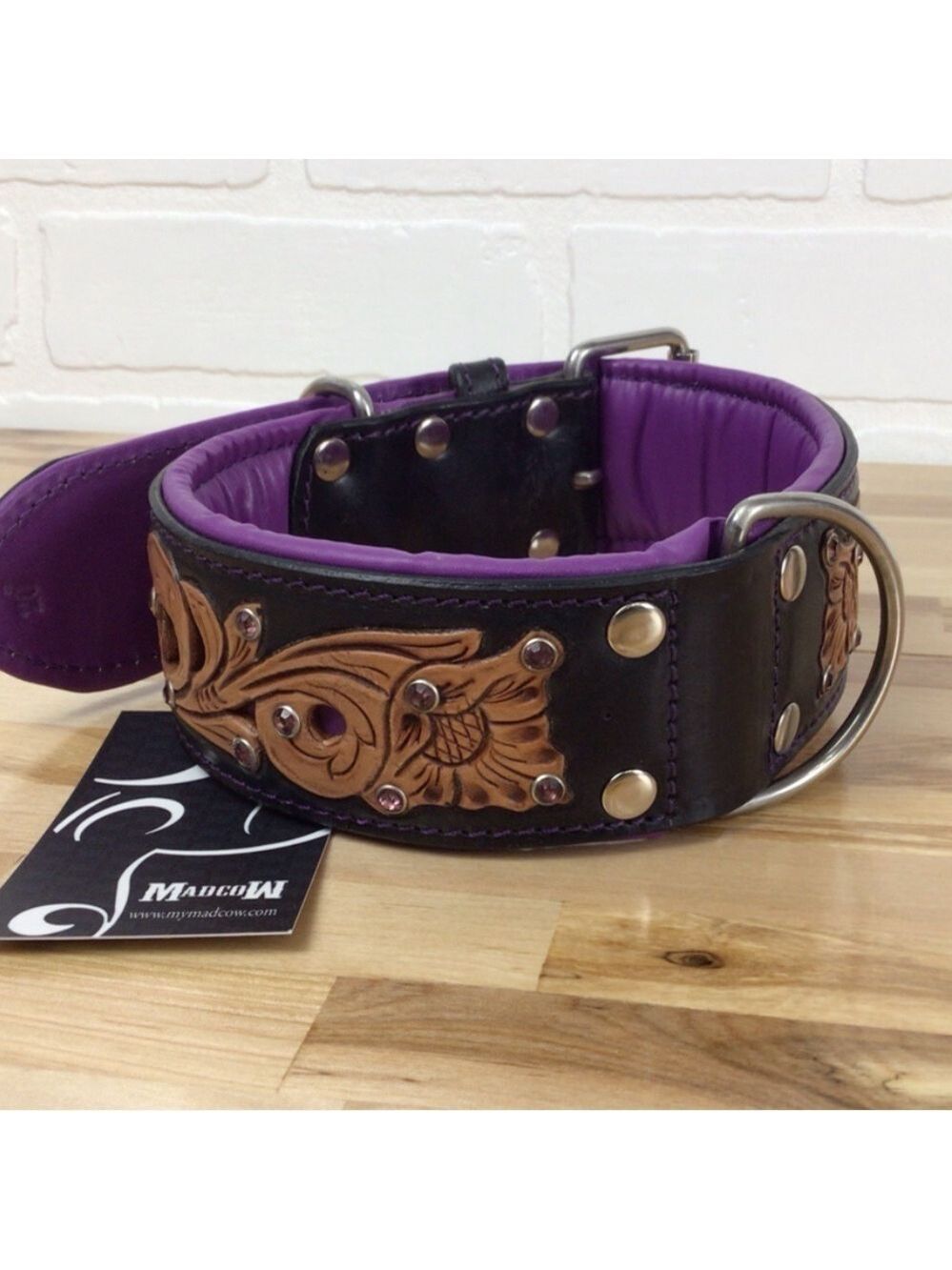 Mad Cow genuine leather contemporary western dog collar handmade brown purple